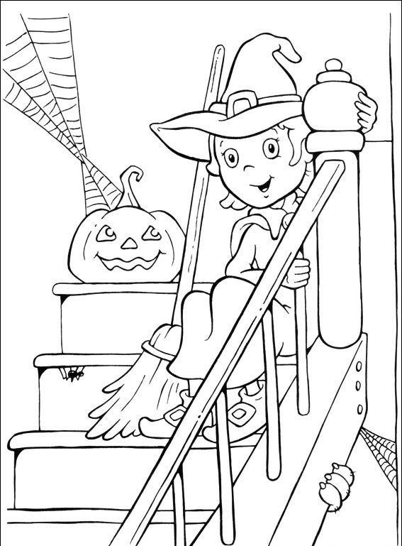 Online coloring book: Coloring page witch on the stairs